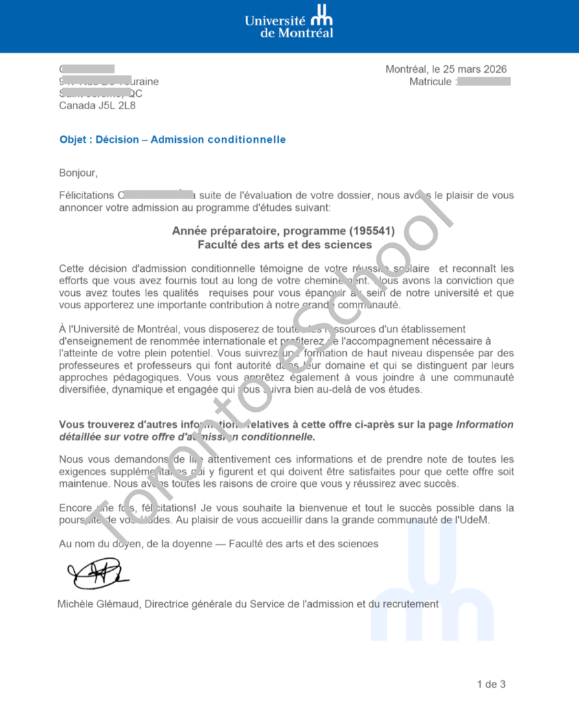 Université de Montréal - Lettre d'admission